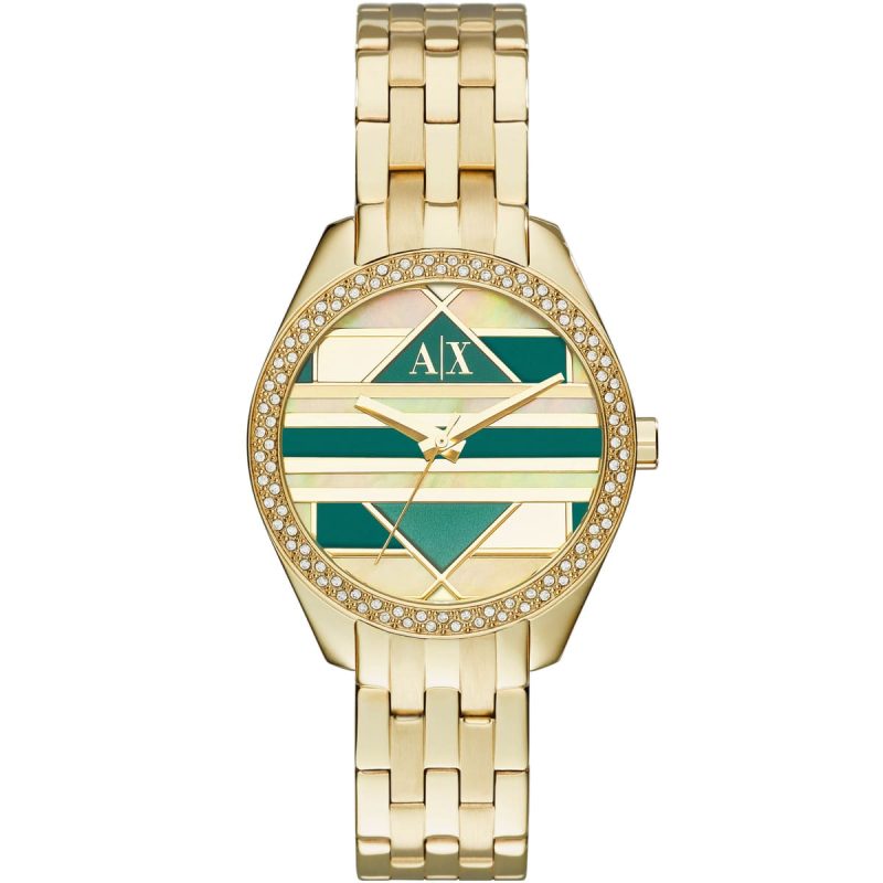 ax5527 armani exchange watch women multi color dial stainless steel metal gold strap quartz analog three hand mosaic sarena