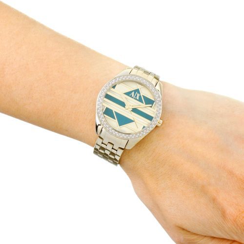 ax5527 armani exchange watch women multi color dial stainless steel metal gold strap quartz analog three hand mosaic sarena 7